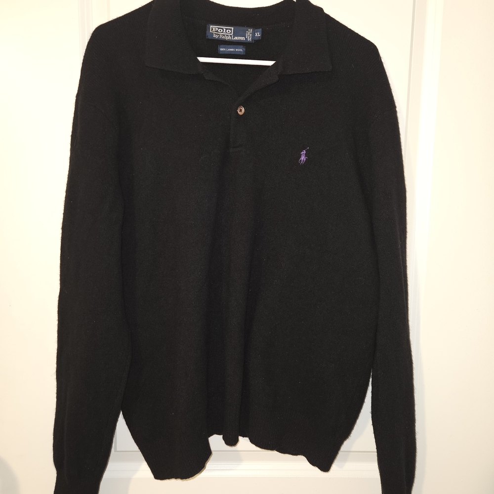 Polo Ralph Lauren Black Men's XL Collard 100% Lambswool Sweater with Purple Logo